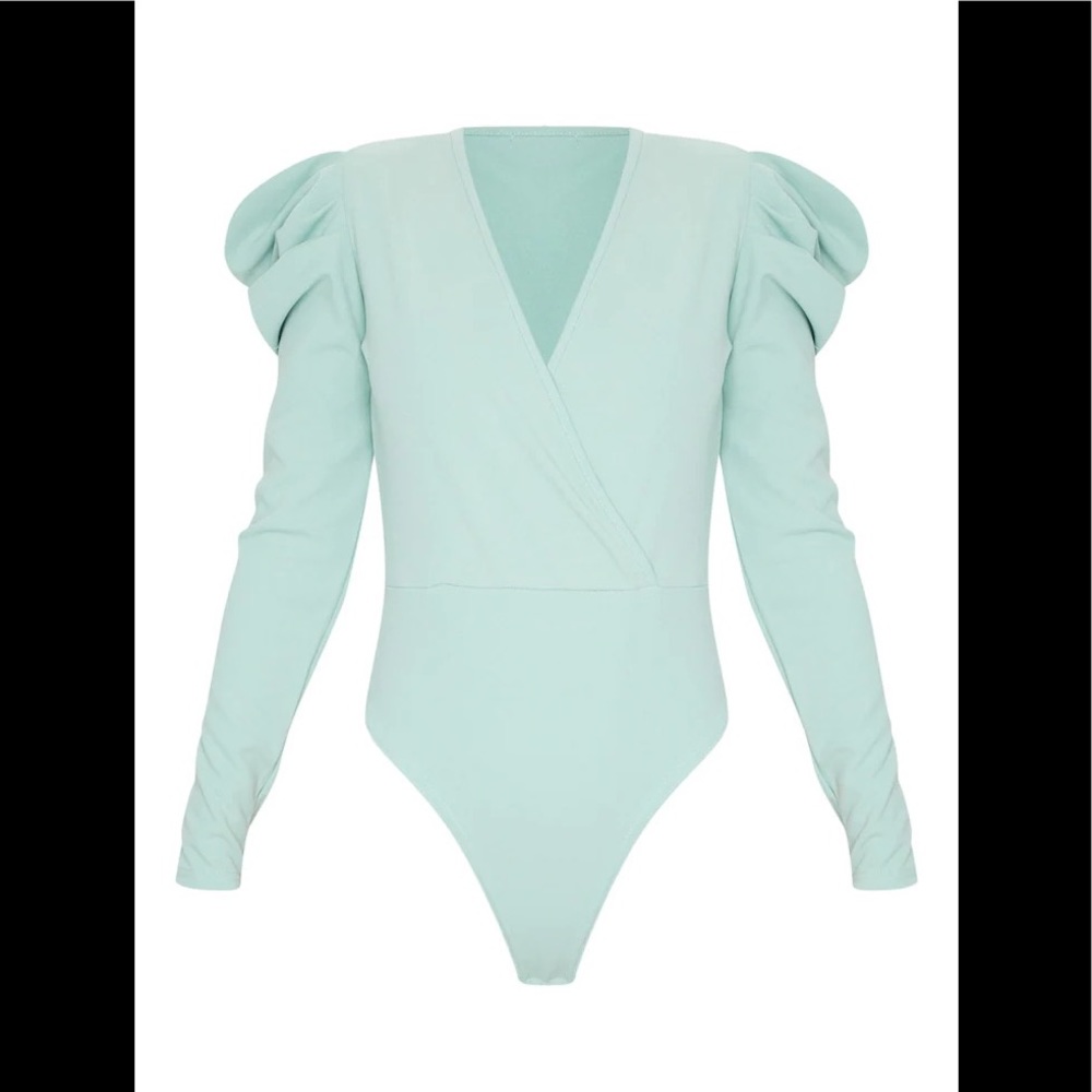 PrettyLittleThing Sage Green Crepe Puff Sleeve Deep Plunge Bodysuit